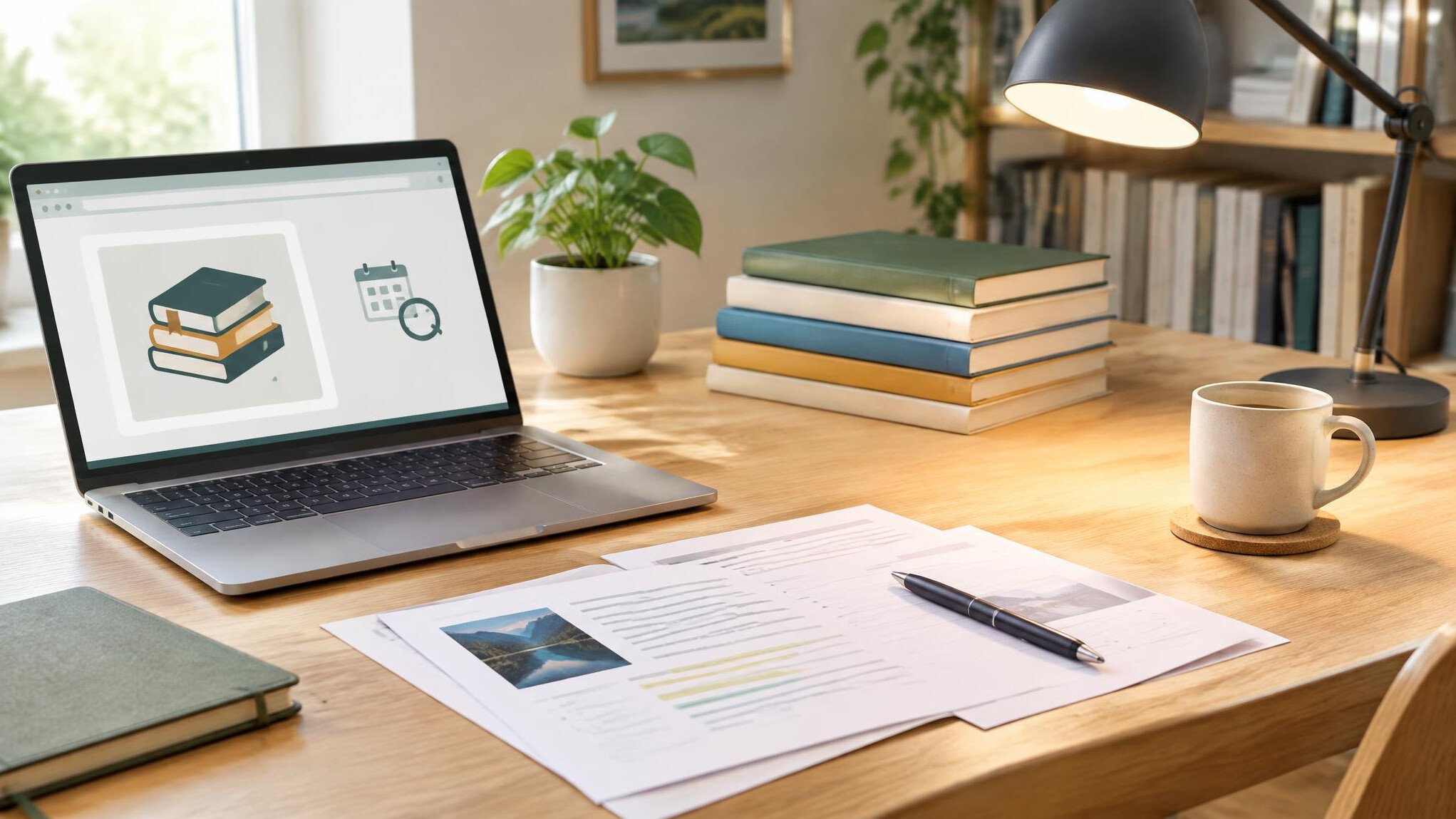 Laptop and notes on a table in a bright room