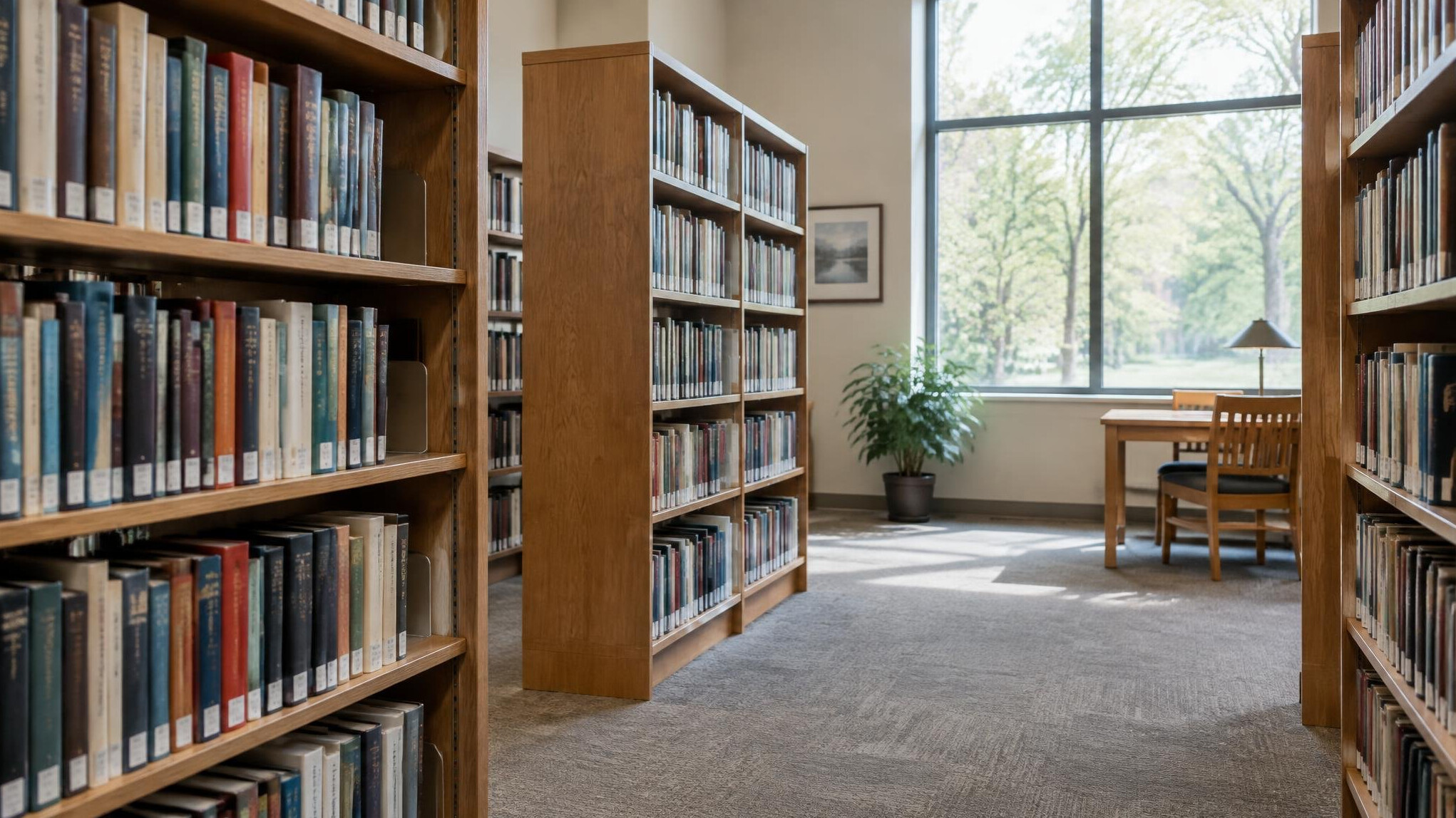 Rows of books in a quiet public library