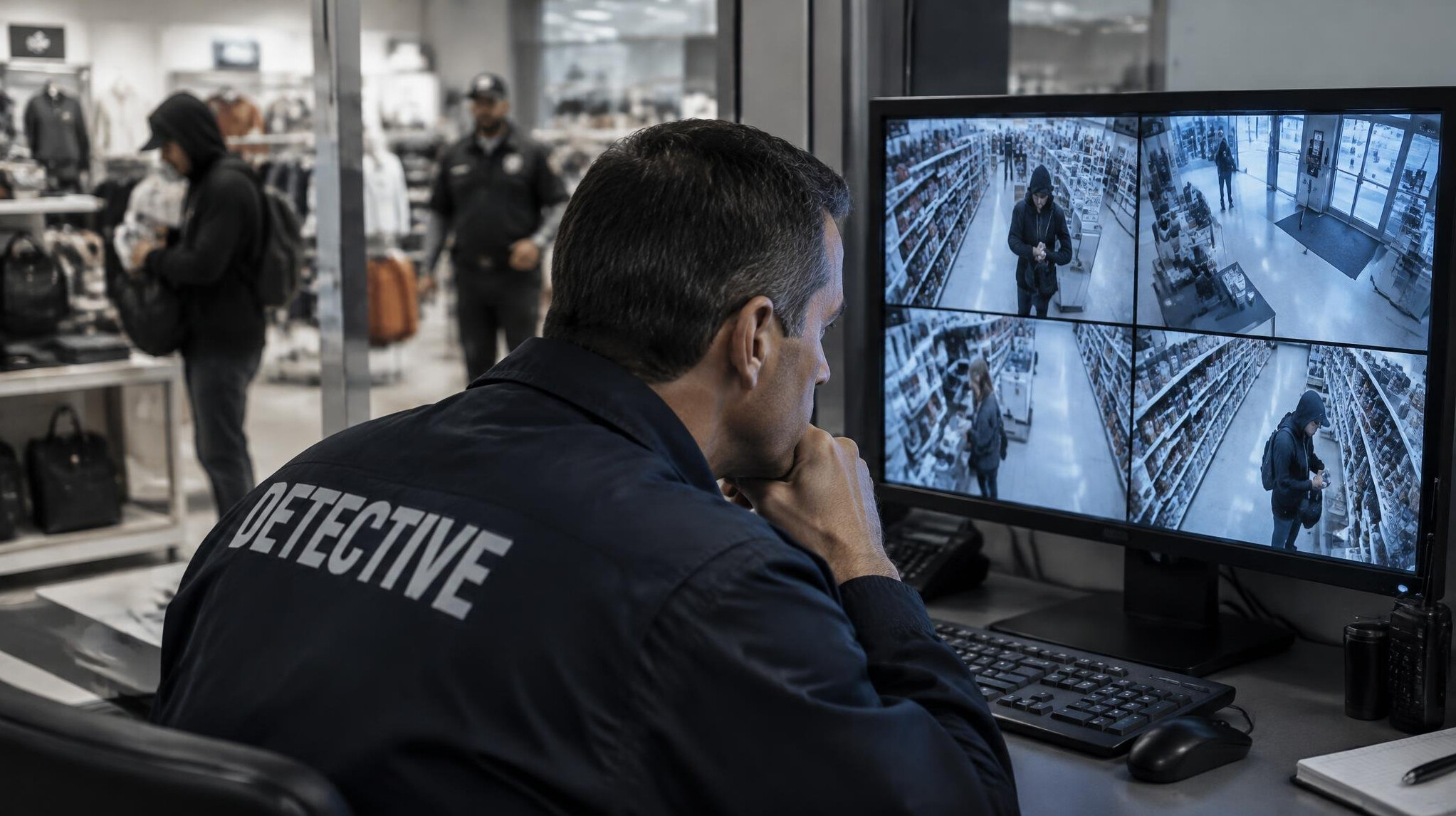 store detective monitoring security cameras